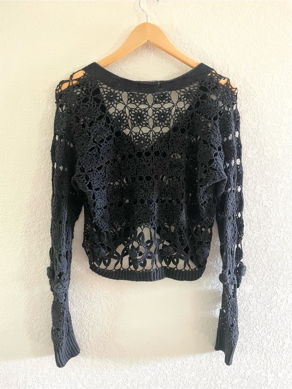 Vintage 90s Hand Knit Crochet Long Sleeve Sweater Top Blouse Black Cottagecore - Picture 5 of 10